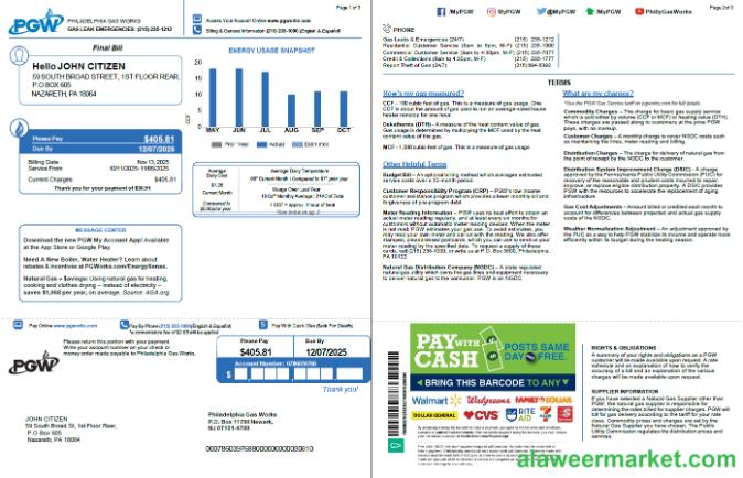 USA Philadelphia Gas Works utility bill template in Word and PDF formats, 3 pages, 1-2 pages
